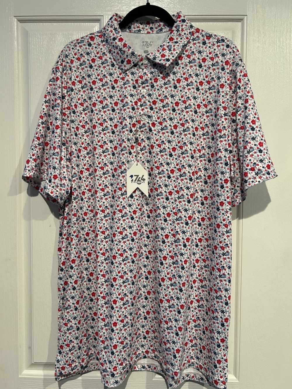 1764 Signature White with Red and Blue Flowers Polo